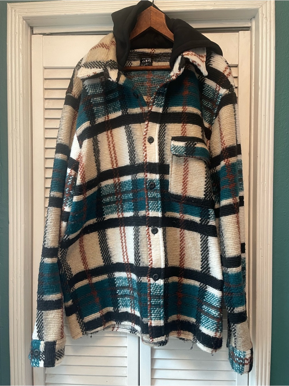 Zara Teal, Cream & Black Plaid Button-Front Shirt Hoodie Jacket